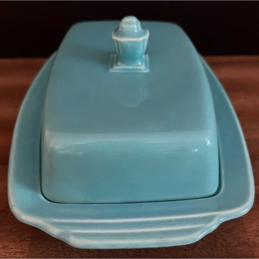 Homer Laughlin Harlequin Turquoise Half Pound Butter Dish  Rare Vintage